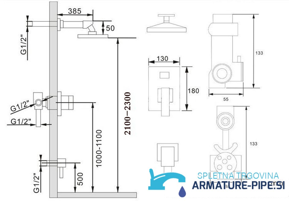 Maßzeichnung des Unterputz-Duschsystems PT77075 mit Montagehöhen und G1/2-Anschlüssen