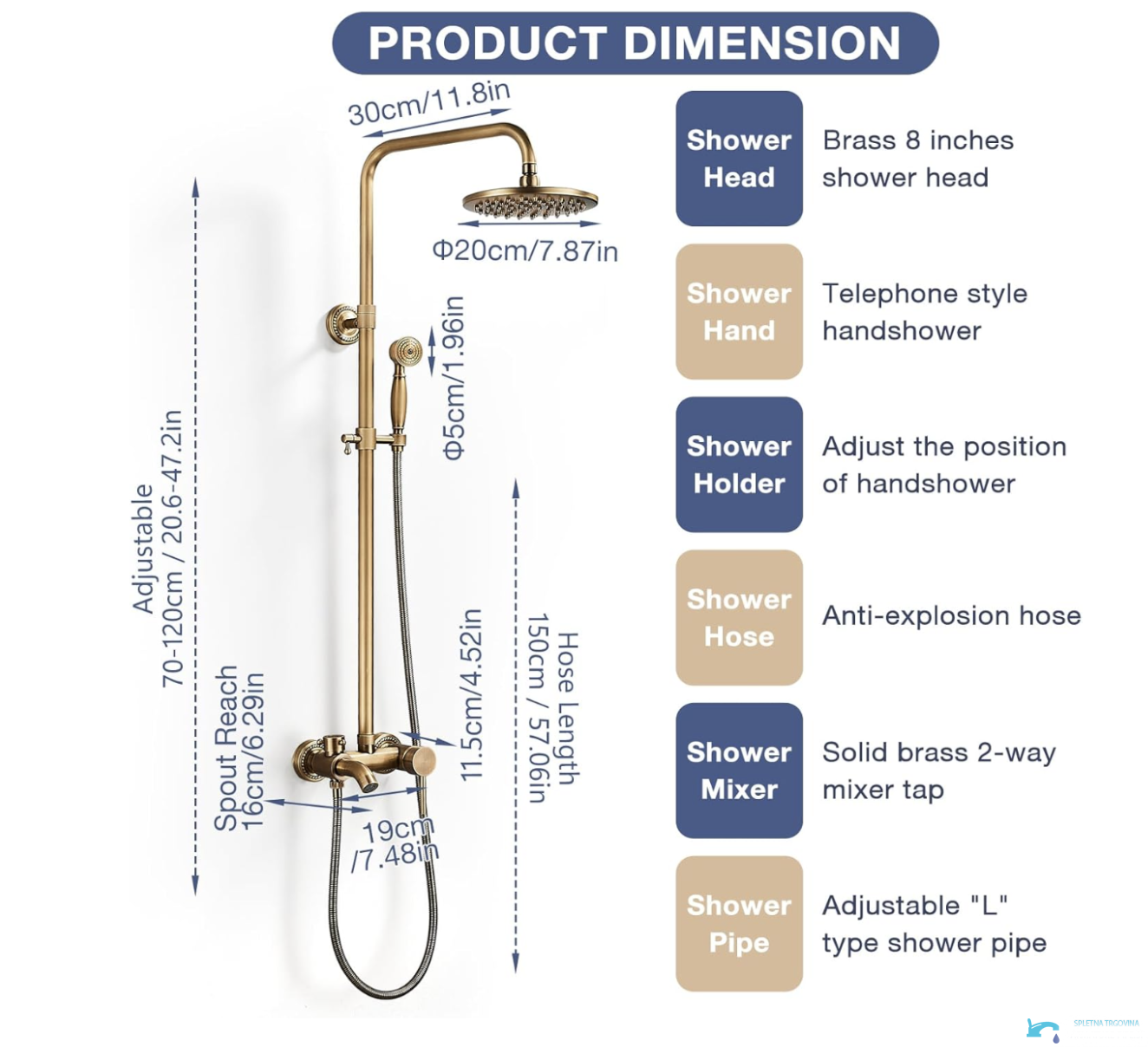 Misure del sistema doccia esterno BTA1513 con soffione da 20 cm e altezza regolabile