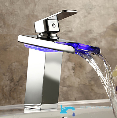 Rubinetto per lavabo EYN-MF97 con LED, bocca a cascata e finiture in cromo e argento