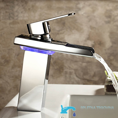 Rubinetto per lavabo EYN-MF97 con LED, bocca a cascata e finiture in cromo e argento