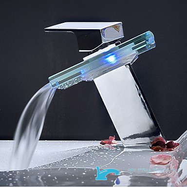 Rubinetto per lavabo EYN cq0812 da piano con getto a cascata, LED e vetro trasparente, in diverse finiture