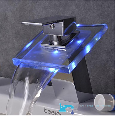 Rubinetto per lavabo EYN cq0812 da piano con getto a cascata, LED e vetro trasparente, in diverse finiture