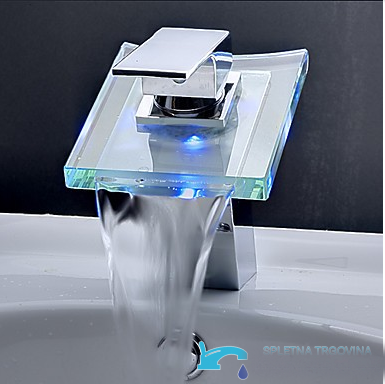 Rubinetto per lavabo EYN cq0812 da piano con getto a cascata, LED e vetro trasparente, in diverse finiture