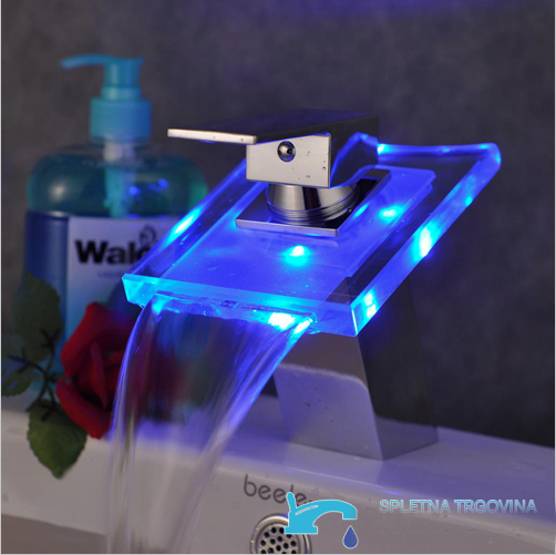 Rubinetto per lavabo EYN cq0812 da piano con getto a cascata, LED e vetro trasparente, in diverse finiture