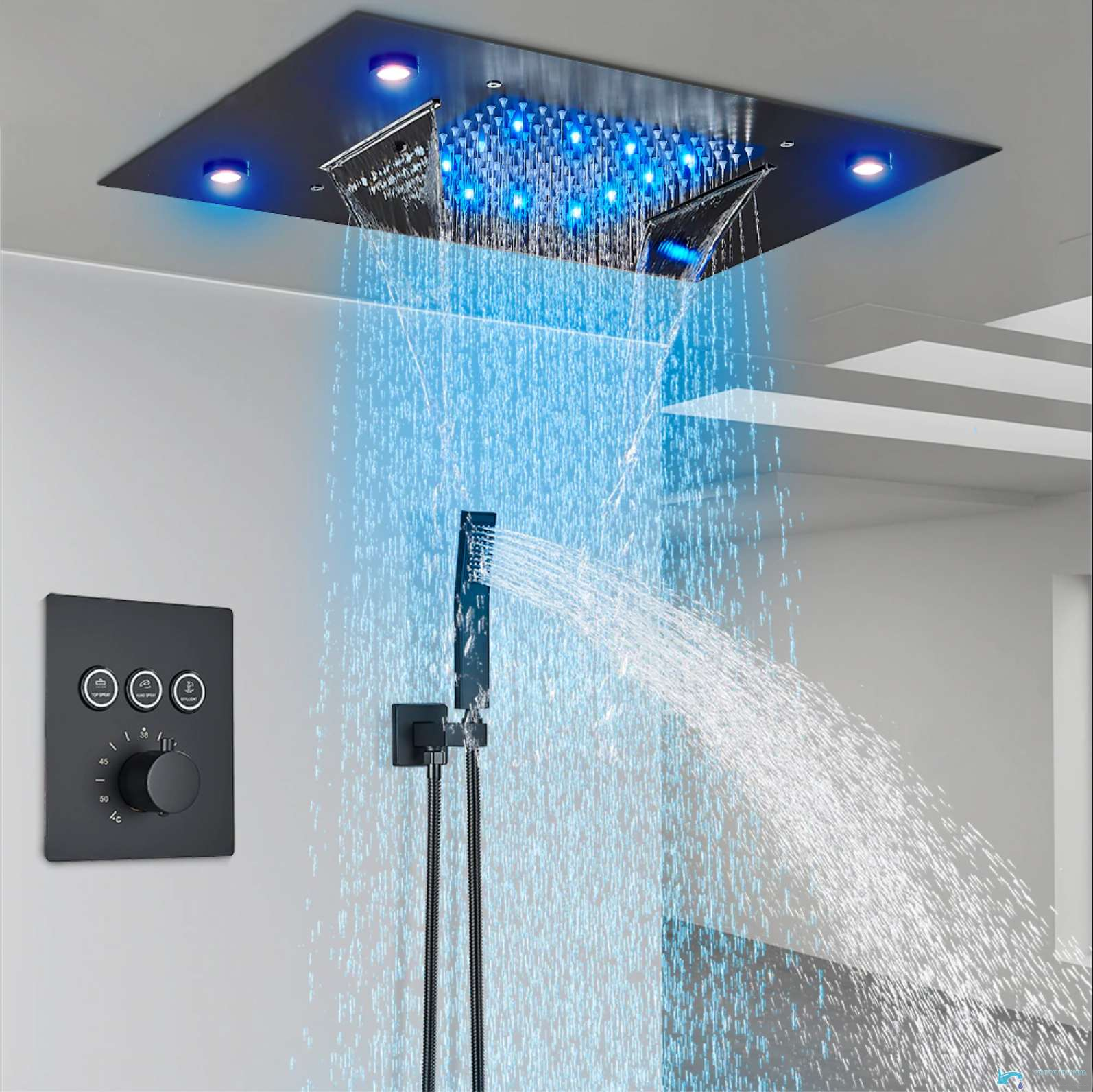 Sistema doccia da incasso PT8899 con soffione a soffitto, cascata e doccetta