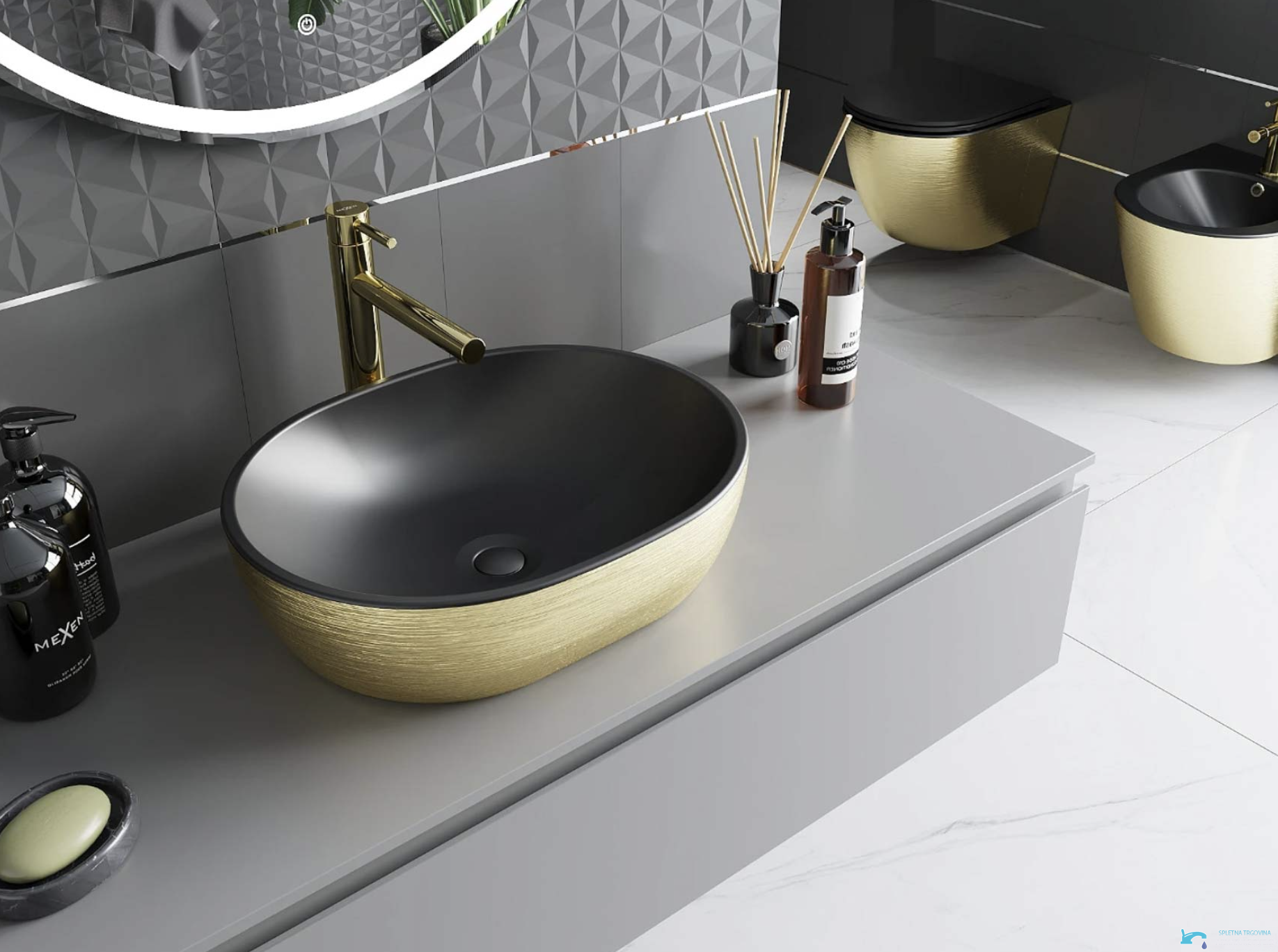 GU1798 - lavabo da appoggio nero e oro, lavabo ovale