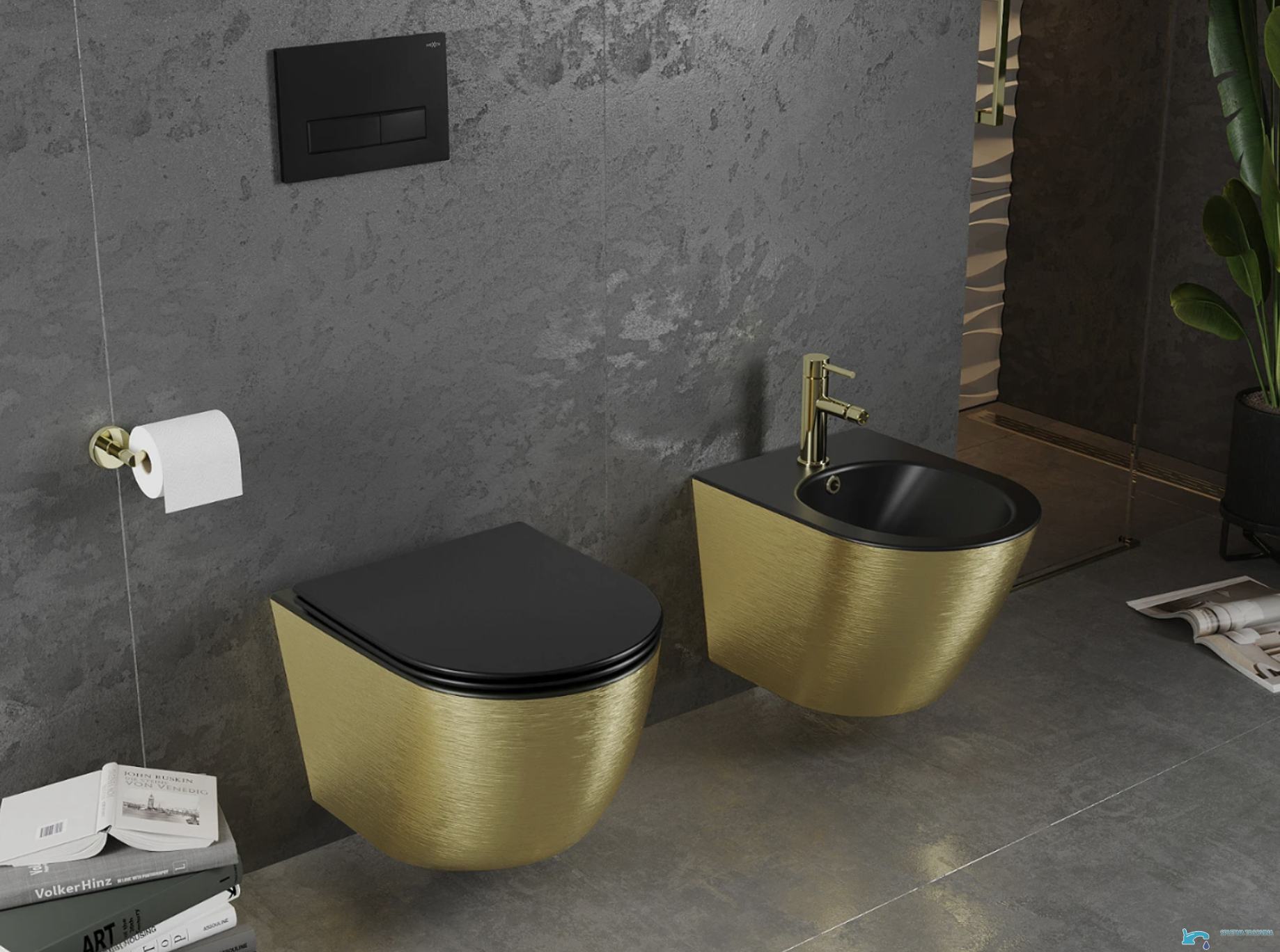 TO1699 - vaso sospeso oro, WC con coperchio nero