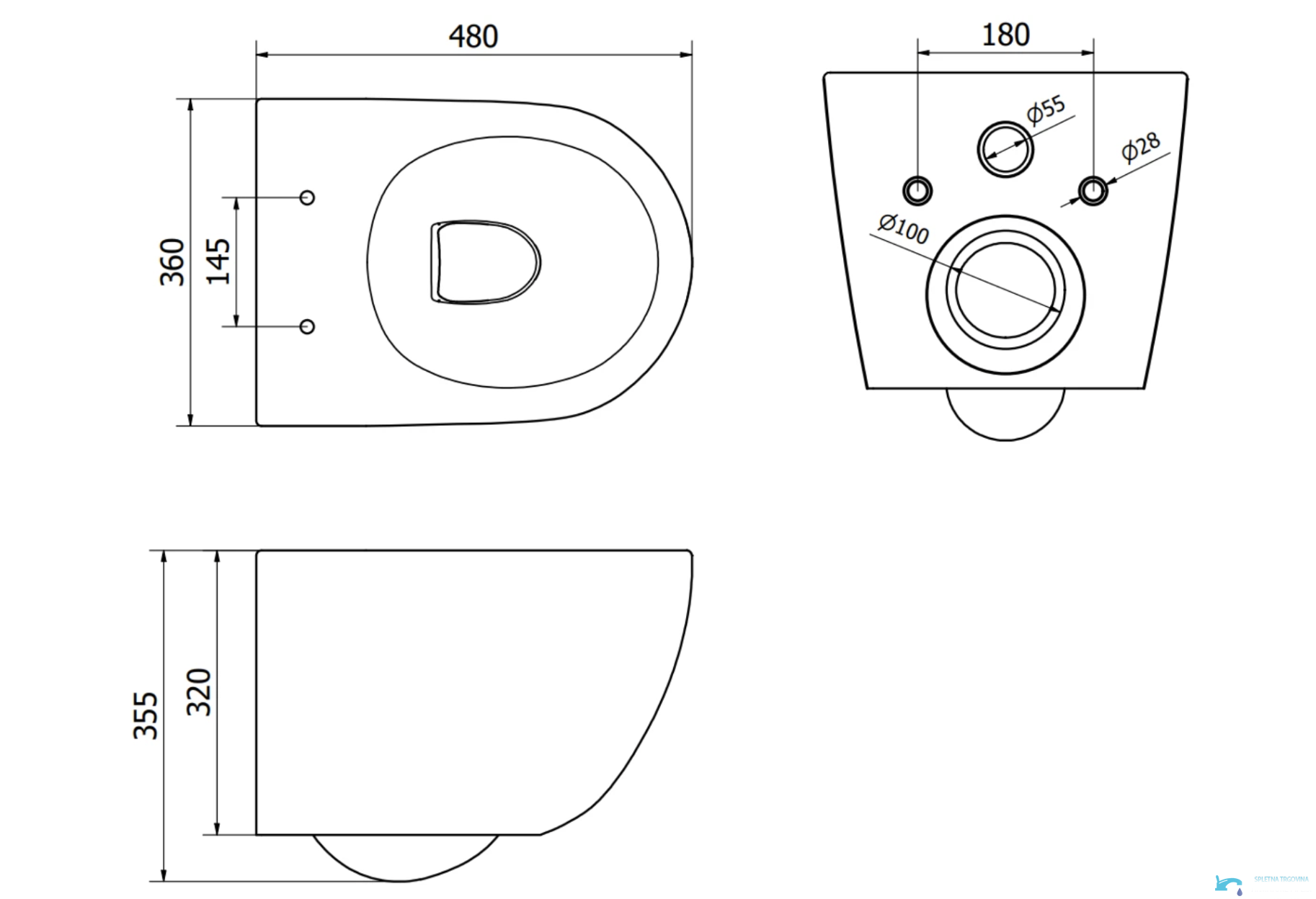 TO1699 - disegno tecnico WC, WC sospeso 48 cm