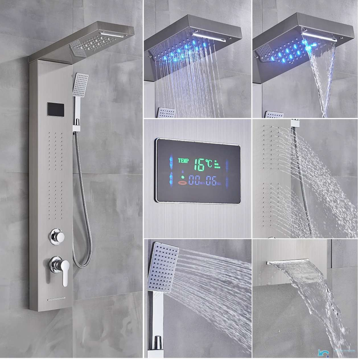 Sistema doccia a pannello EYN BSP1912 con LED, cascata e getti massaggianti, in più finiture tra cui nero opaco e argento spazzolato