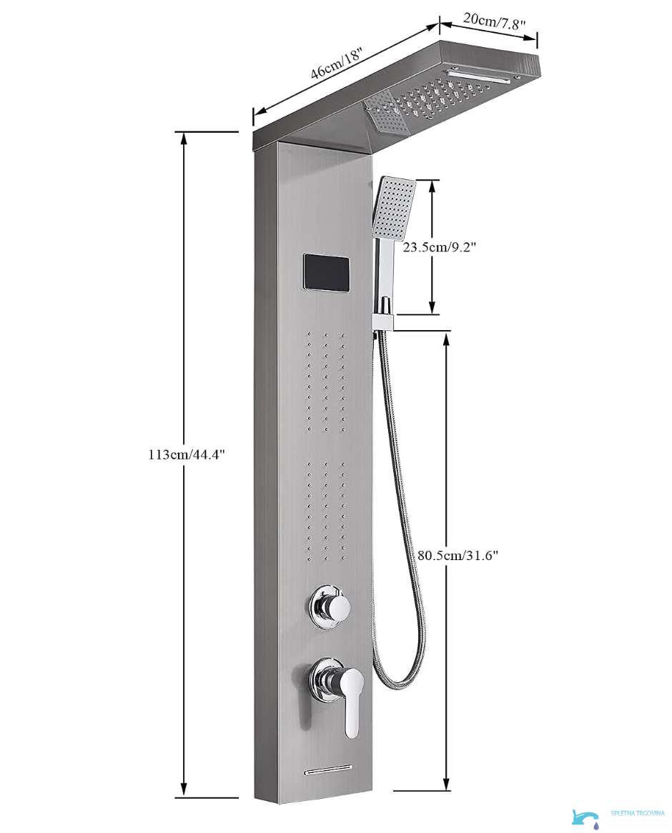 Dimensioni del sistema doccia BSP1912 alto 113 cm con soffione da 46 × 20 cm