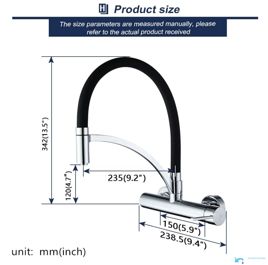 Misure del miscelatore da cucina WL1026 a parete con interasse di 150 mm