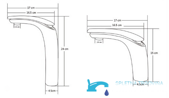 Dimensioni del rubinetto da bagno KAB6116 nelle altezze da 15 e 24 cm