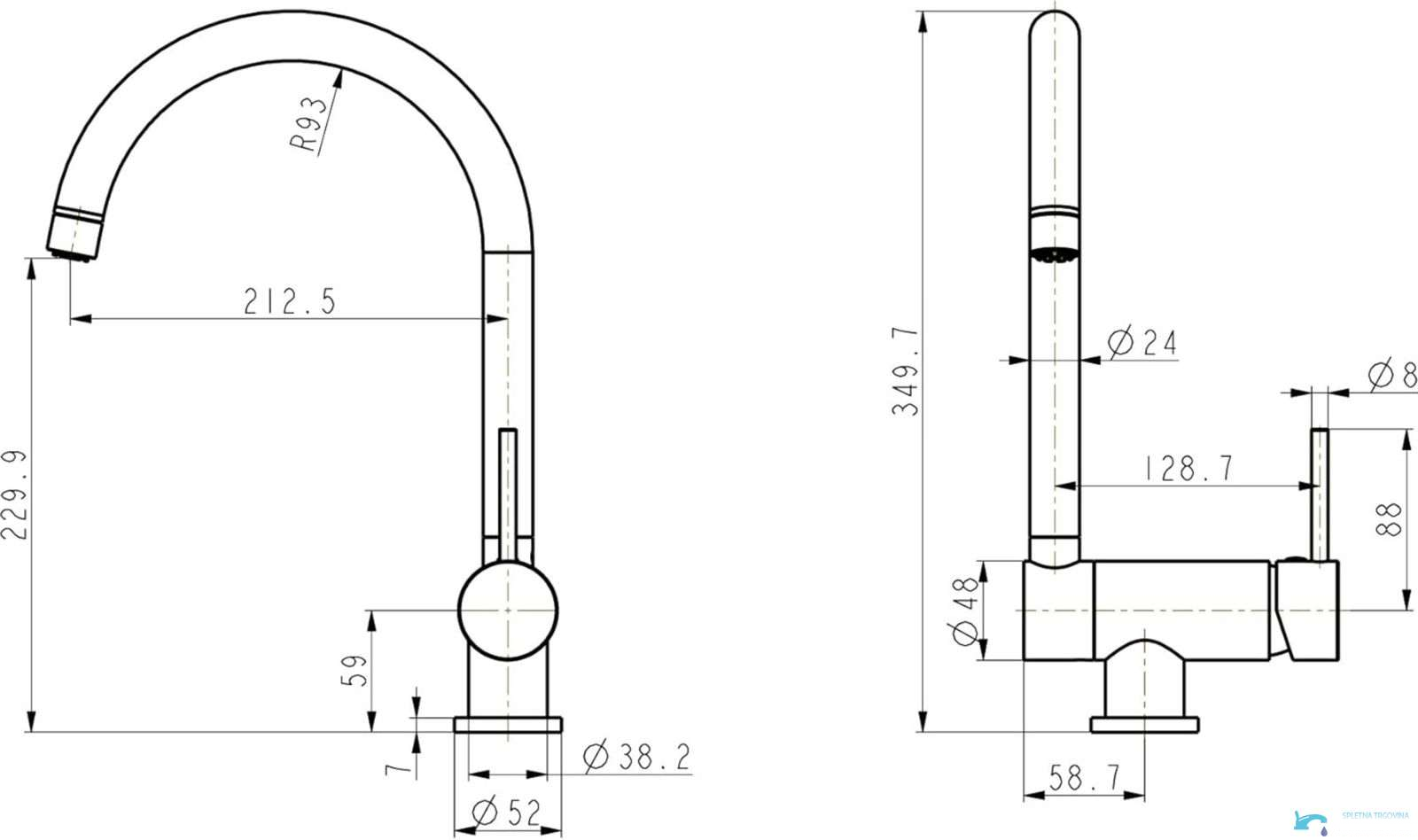 Misure del rubinetto da cucina NT1141 con altezza e sporgenza della bocca
