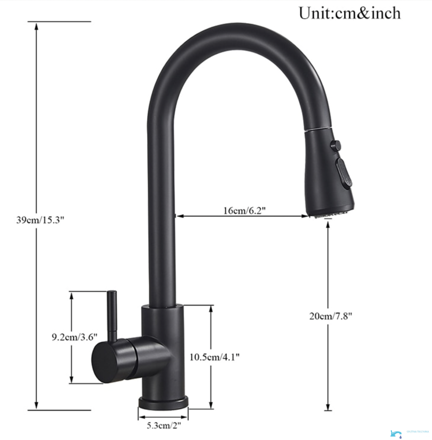 Dimensioni del rubinetto da cucina estraibile KZI6168 alto 39 cm