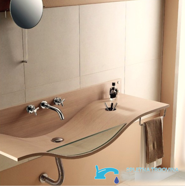 Rubinetto a parete EYN SU0167 cromato sopra un lavabo da appoggio