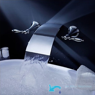 Rubinetto a parete per lavabo SU5308 con bocca a cascata e due manopole cromate