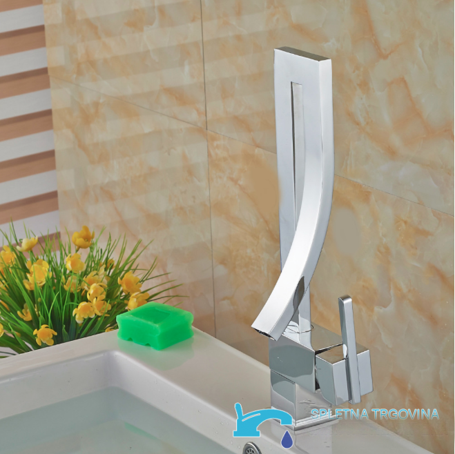 Miscelatore per lavabo EYN KA5711 da piano in ottone con bocca a cascata, cromo e argento