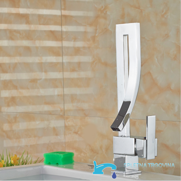 Miscelatore per lavabo EYN KA5711 da piano in ottone con bocca a cascata, cromo e argento