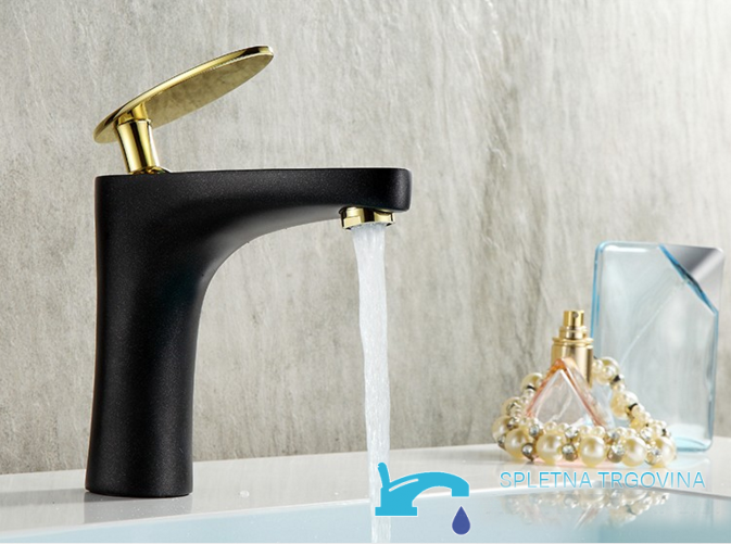 Waschtischarmatur KP2353 mit mattschwarzer Oberfläche und goldfarbenen Akzenten