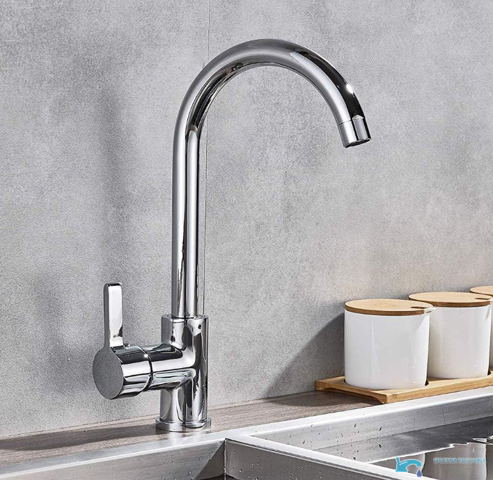 Rubinetto da cucina a bassa pressione EYN NT1311 da piano in ottone con bocca girevole, finiture cromo e argento