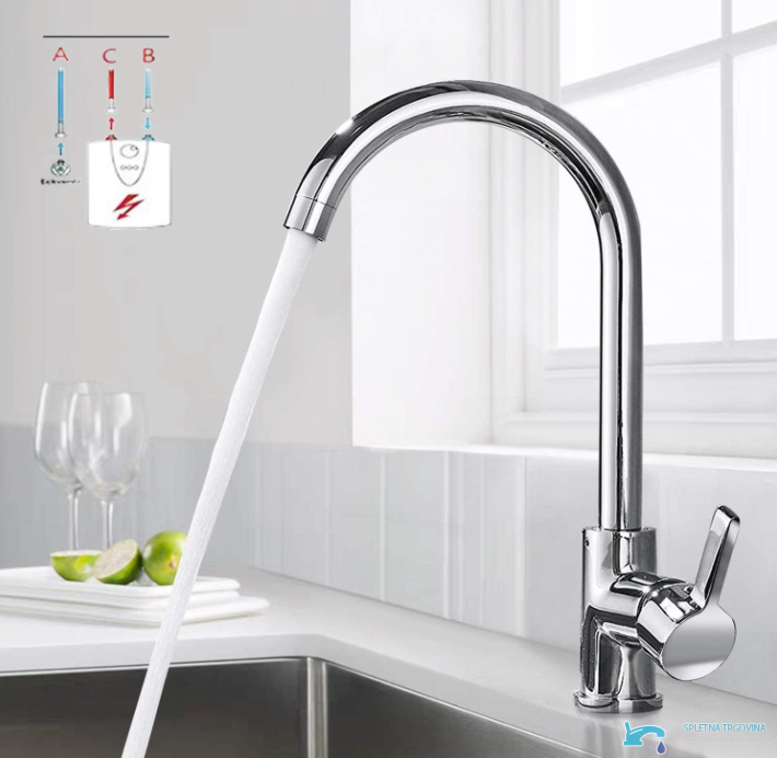 Rubinetto da cucina a bassa pressione EYN NT1311 da piano in ottone con bocca girevole, finiture cromo e argento