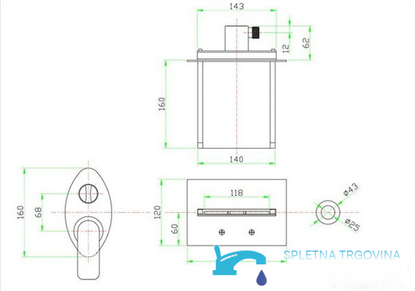 Misure del miscelatore da incasso per vasca PSK7917 con bocca LED