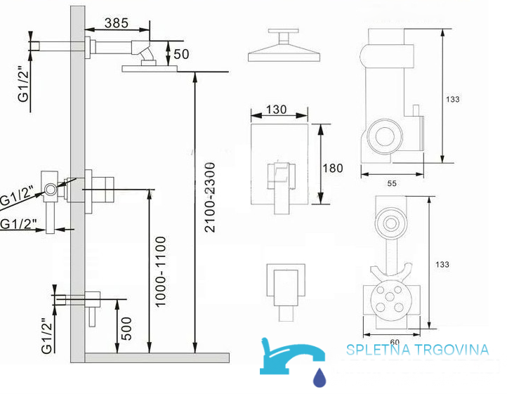 Sistema doccia da incasso EYN PT85079 in ottone con LED, disponibile in diverse finiture cromatiche
