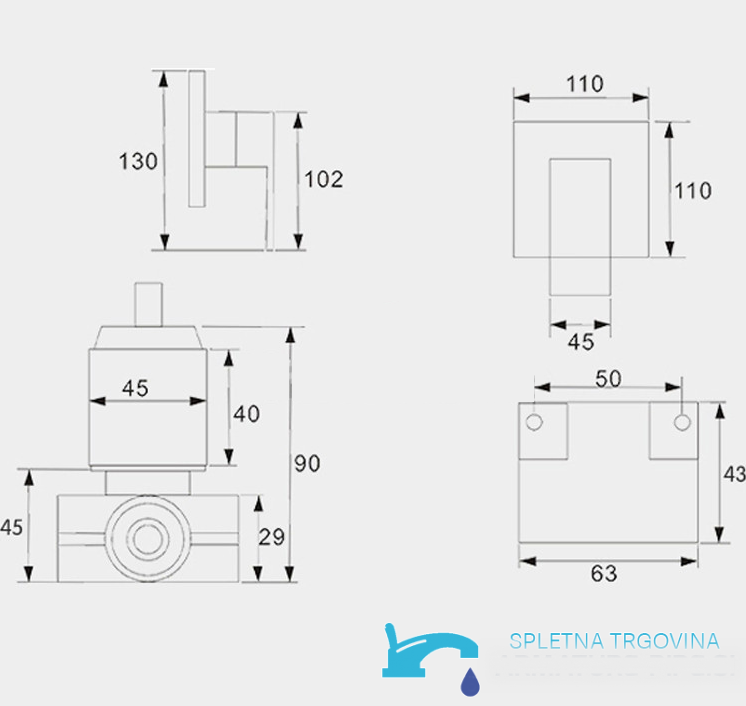 Dimensioni del comando da incasso del sistema doccia PT61219