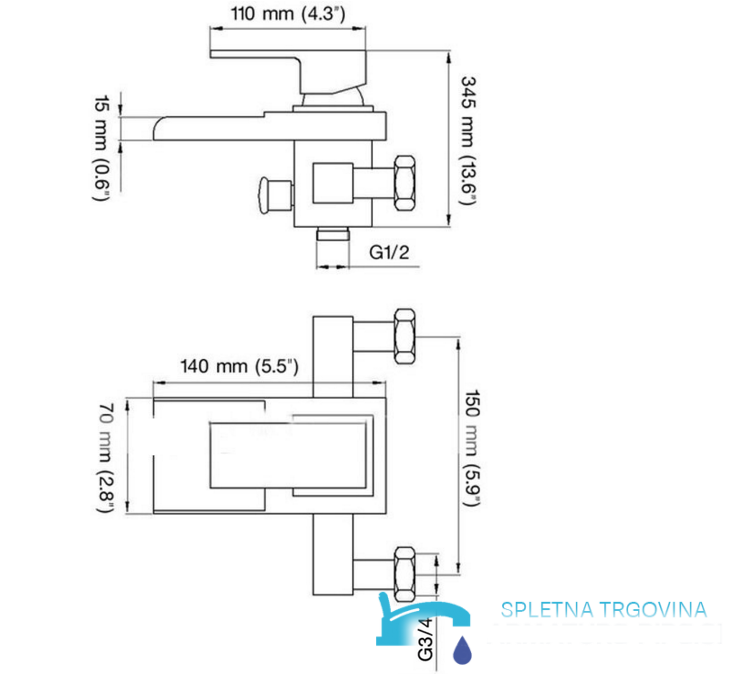 Disegno tecnico del miscelatore vasca SK3542 con quote e attacchi