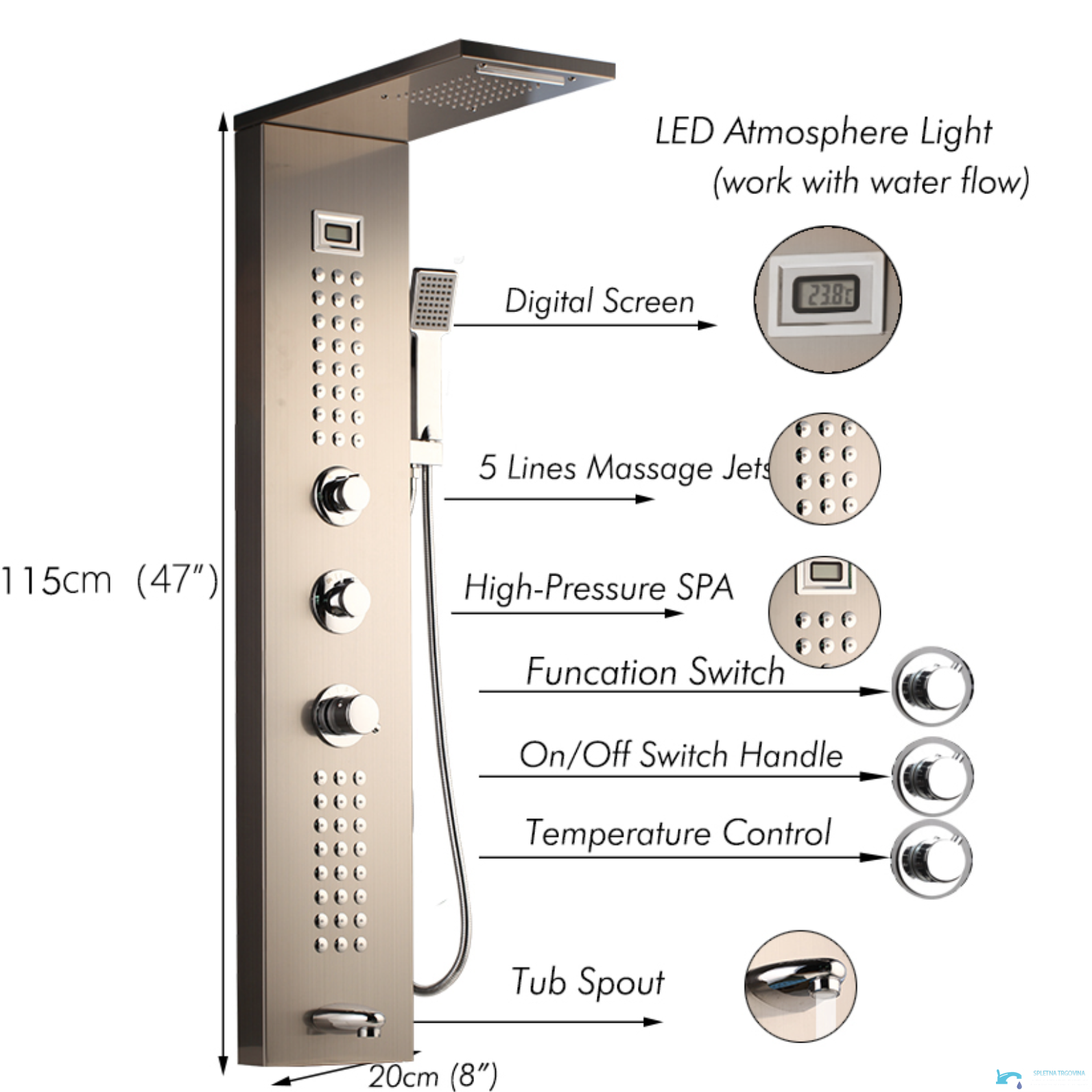 Pannello doccia TP1912L da 115 × 20 cm con indicatore digitale, LED e quattro erogazioni