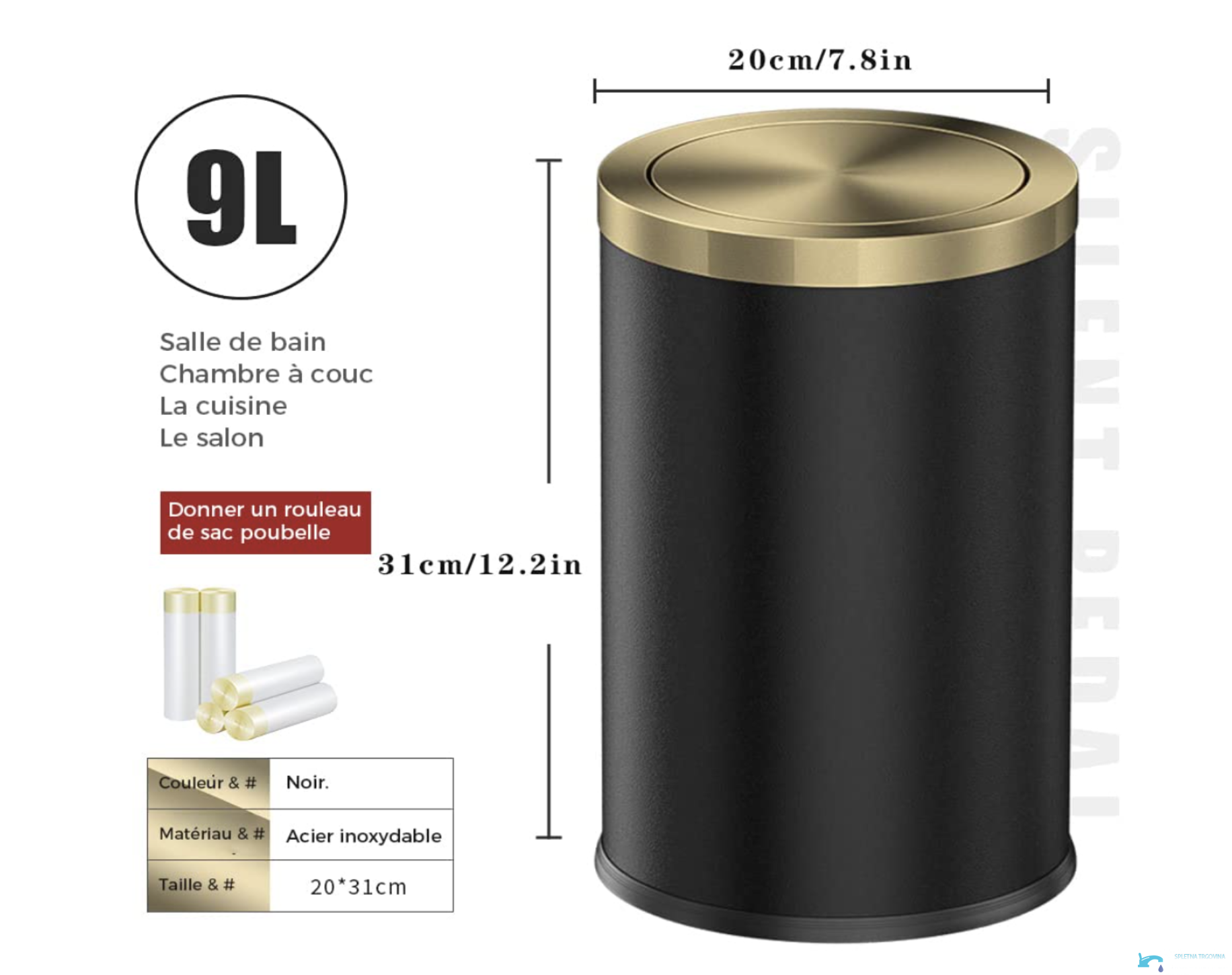 GB1755 - pattumiera 9 litri, cestino bagno nero e oro