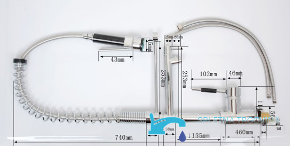 Dimensioni tecniche del miscelatore da cucina EYN0141 con doccetta