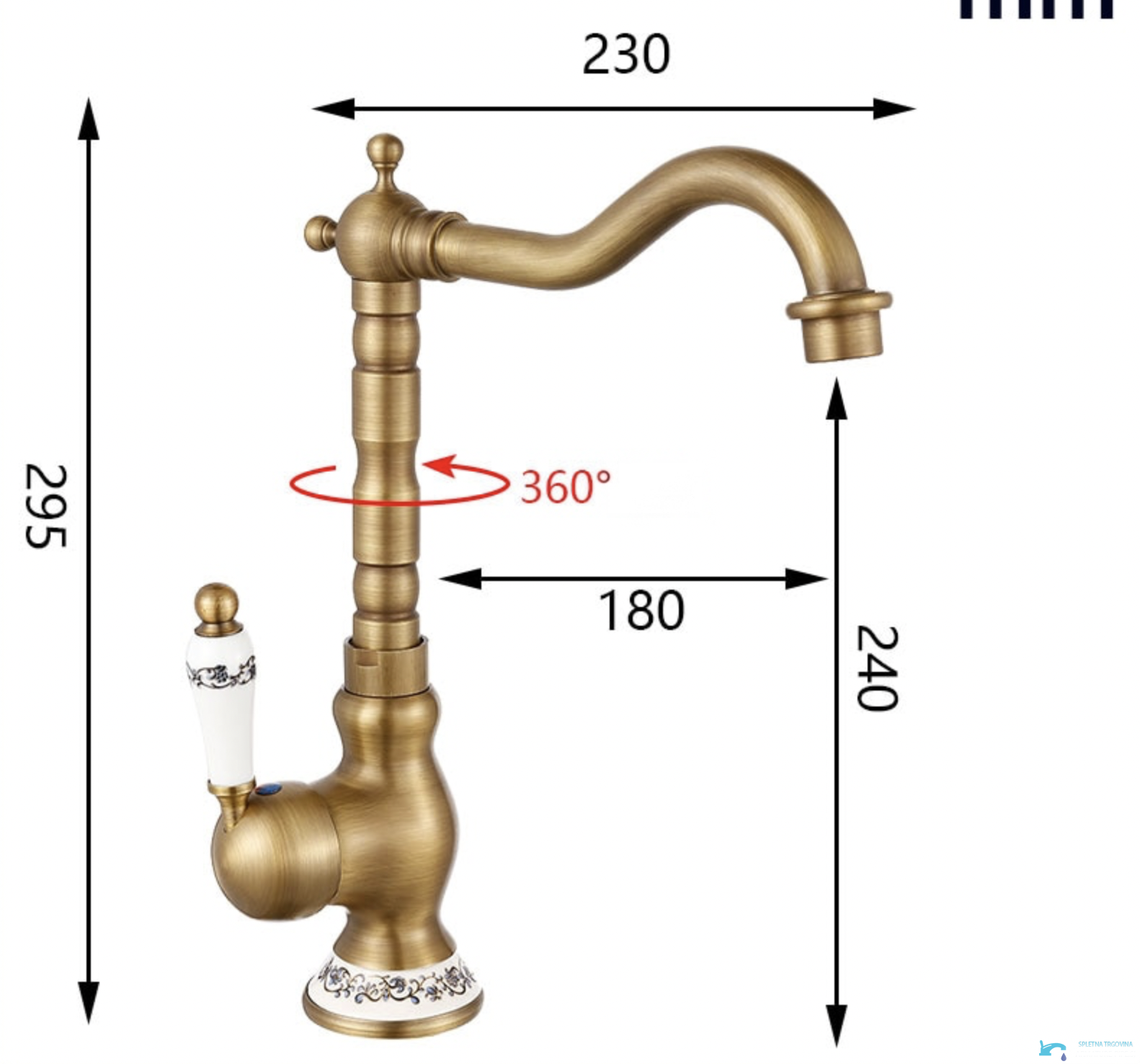 Misure del rubinetto da bagno AQ1129 con rotazione della bocca a 360°