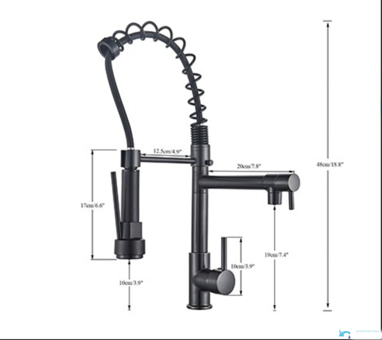 Dimensioni del miscelatore da cucina 0141b con altezza di 48 cm e profondità di 20 cm