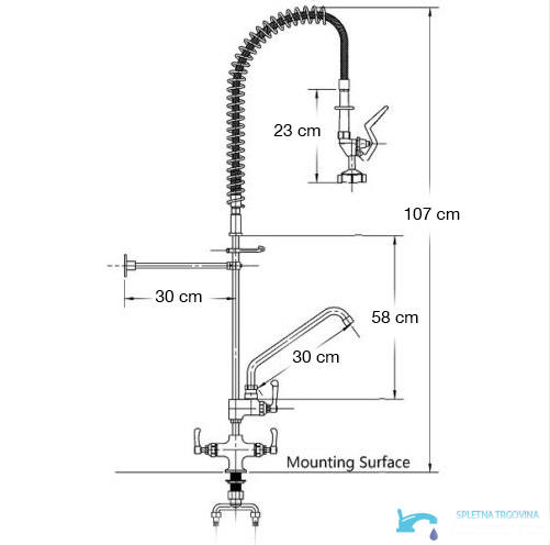 Dimensioni del rubinetto da cucina EYN AK1552 con altezza di 107 cm e sporgenza di 30 cm