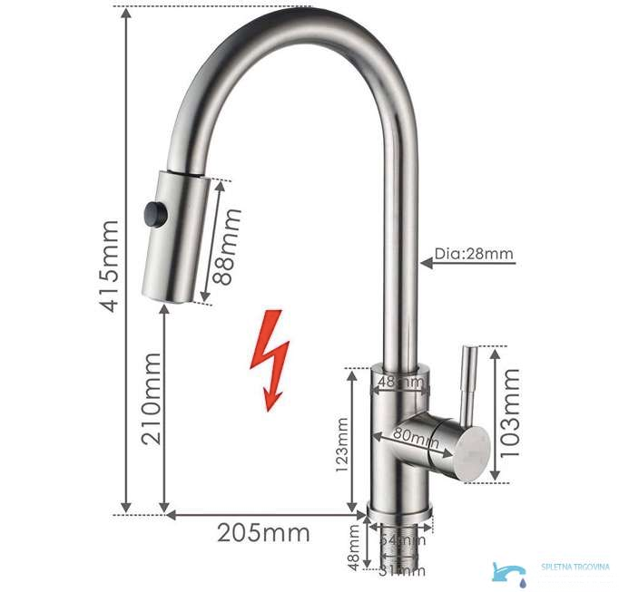 Dimensioni del miscelatore da cucina EYN NT1546 con altezza di 415 mm e sporgenza di 205 mm