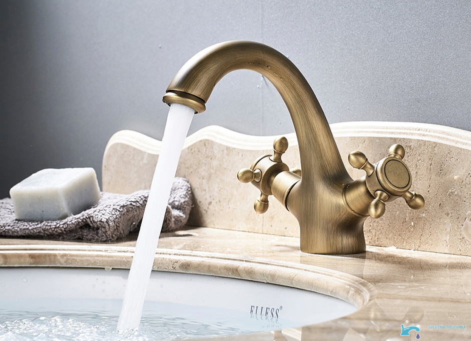 Rubinetto per lavabo EYN RU1305 da piano a due manopole, finitura ottone anticato