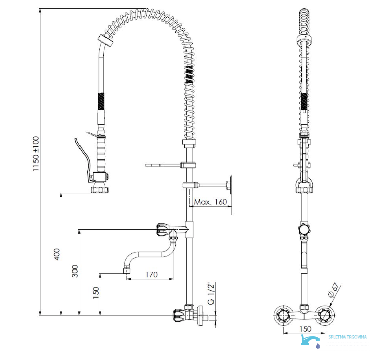 Misure e raccordi G1/2 del rubinetto da cucina a parete SZ0029