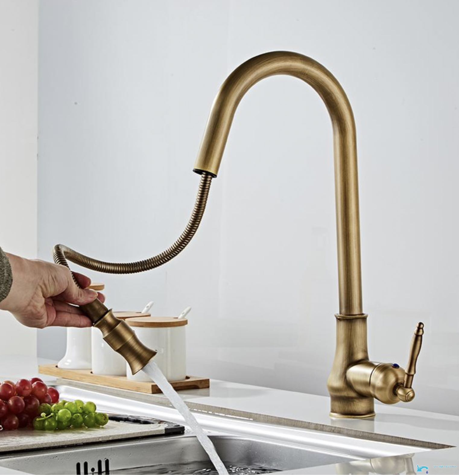 Rubinetto da cucina EYN AQ1343 con doccetta estraibile, in ottone anticato, marrone ottone o nero