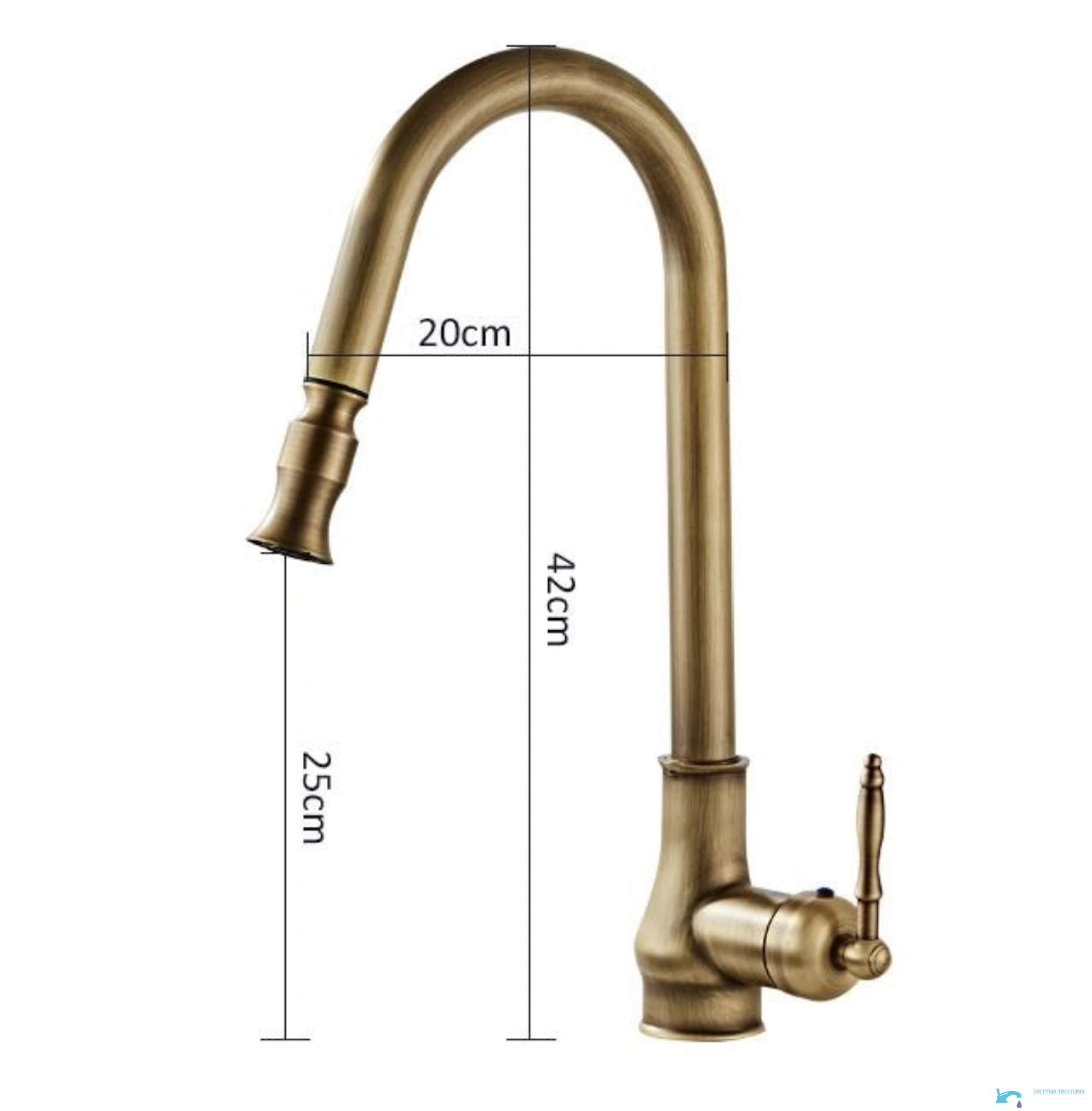 Dimensioni del rubinetto da cucina EYN AQ1343 con altezza di 42 cm e profondità di 20 cm