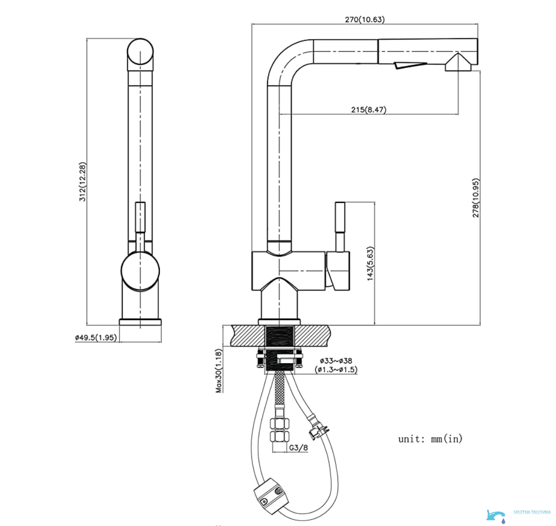 Dimensioni del miscelatore da cucina EYN NT1344 con attacco G3/8