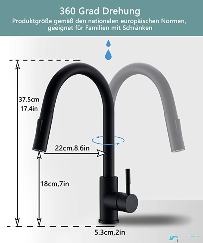 Dimensioni del rubinetto da cucina NT1354 con altezza di 37,5 cm e sporgenza di 22 cm