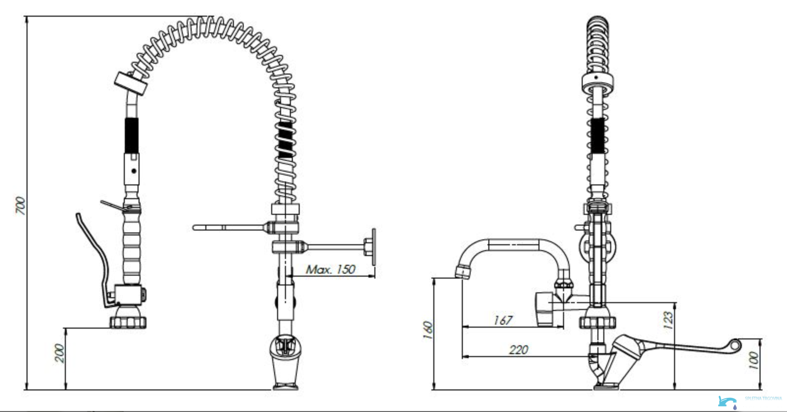Dimensioni del rubinetto professionale da cucina EYN PRO1430 alto 70 cm