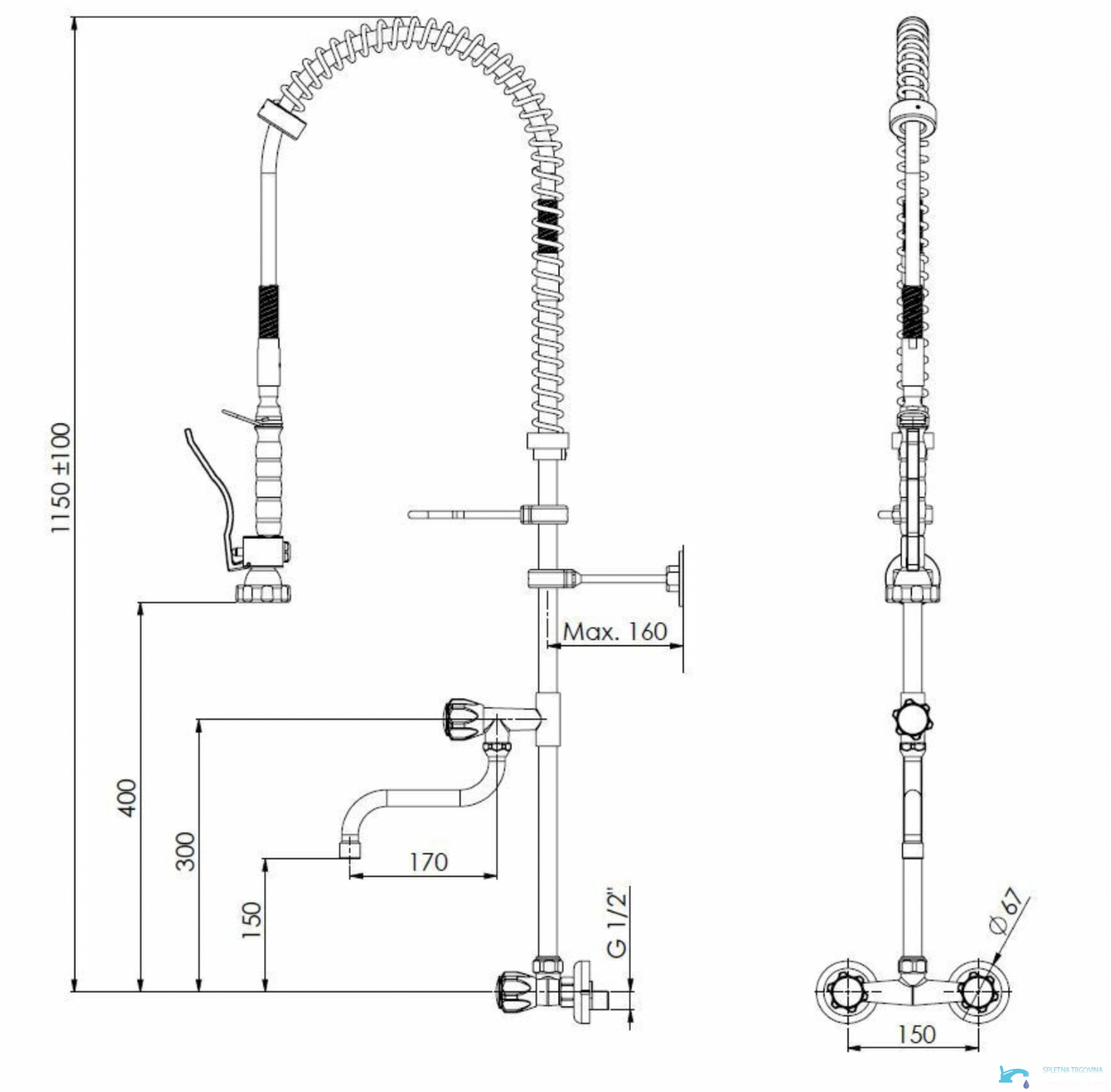 Quote tecniche del rubinetto da cucina a parete SPRO1228 con attacchi G1/2
