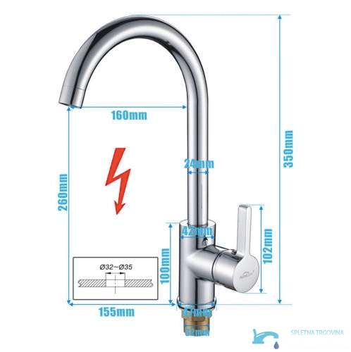 Dimensioni del rubinetto da cucina EYN NT1220 con altezza di 350 mm