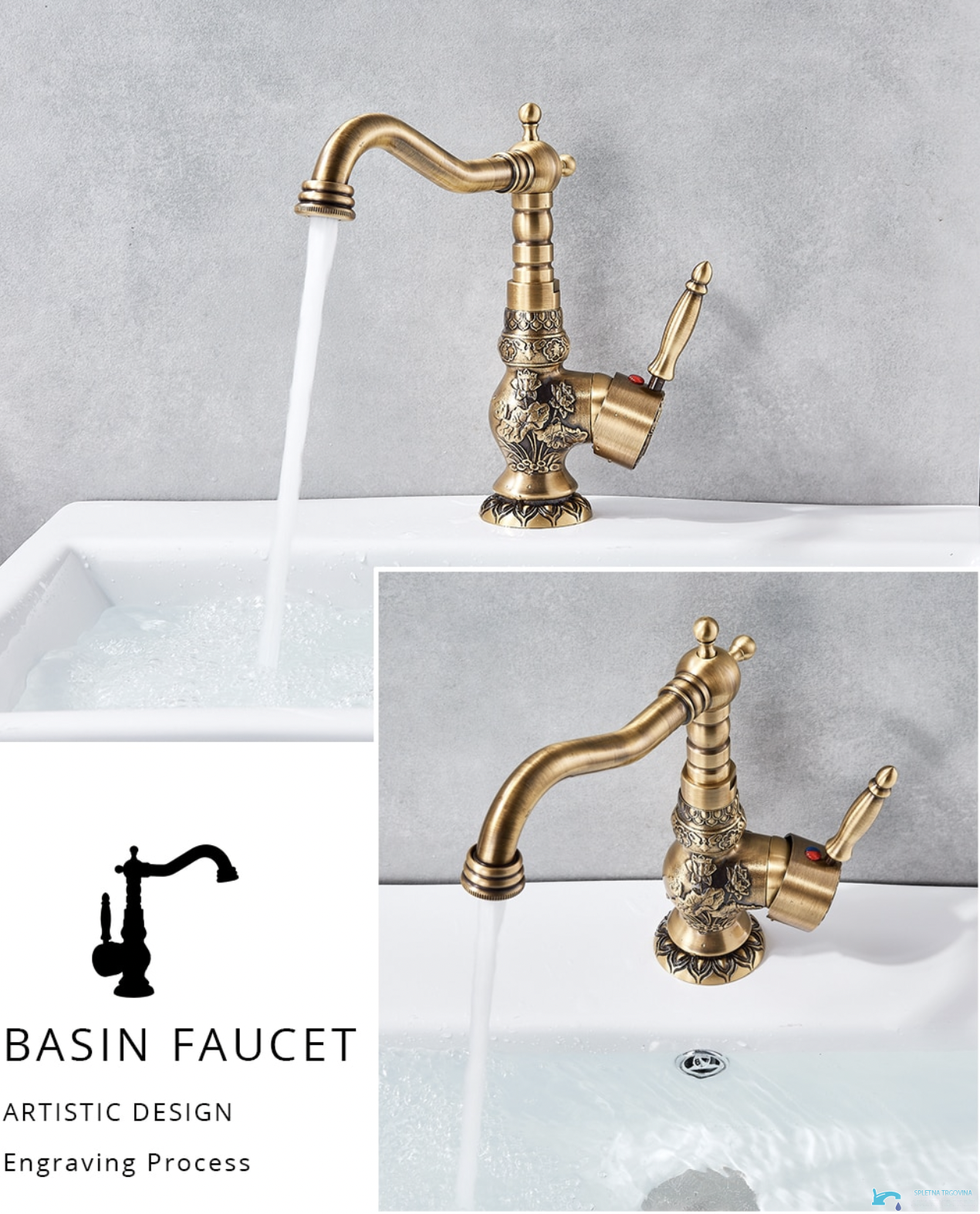Rubinetto per lavabo EYN AQB1600 con bocca girevole, in più finiture tra cui ottone anticato e ottone con dettagli scuri