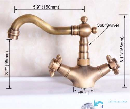 Dimensioni della versione compatta del rubinetto per lavabo ANT2309 con rotazione a 360 gradi