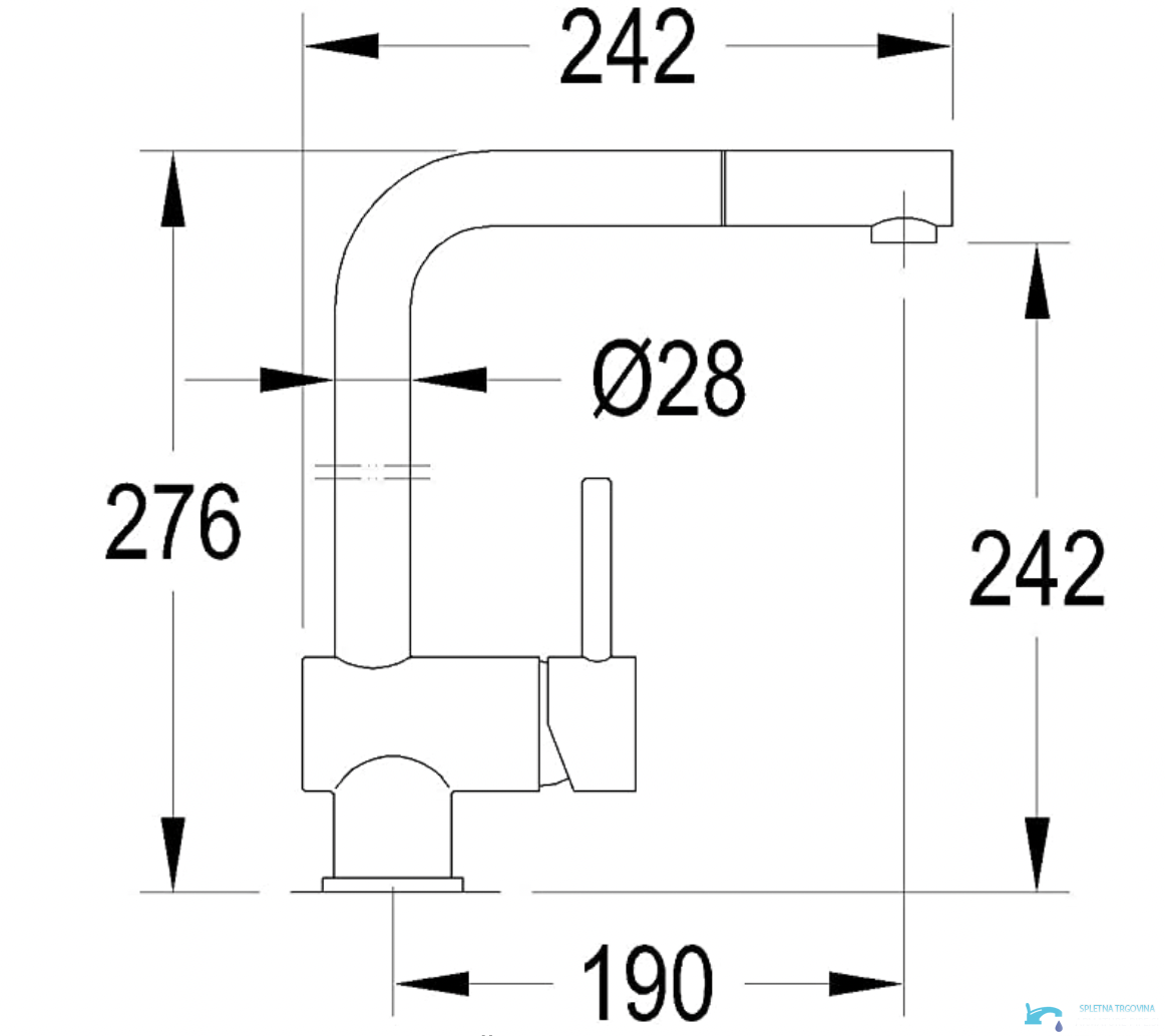 Dimensioni del rubinetto da cucina NT1642 con altezza di 276 mm e sporgenza di 190 mm