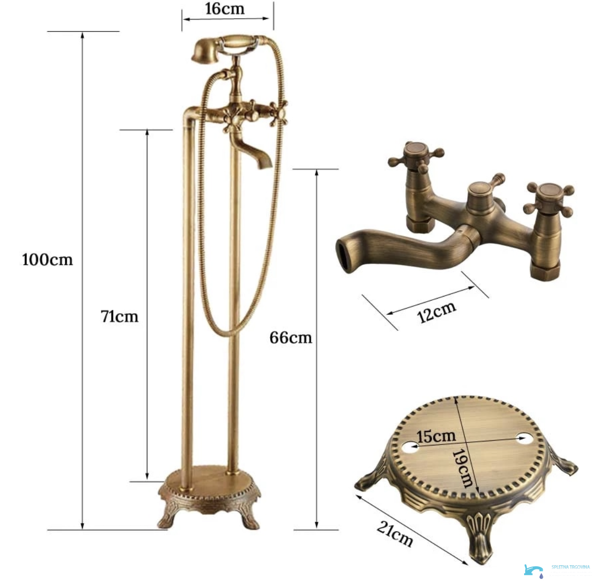 Misure del rubinetto per vasca a pavimento AQF2016 alto 100 cm
