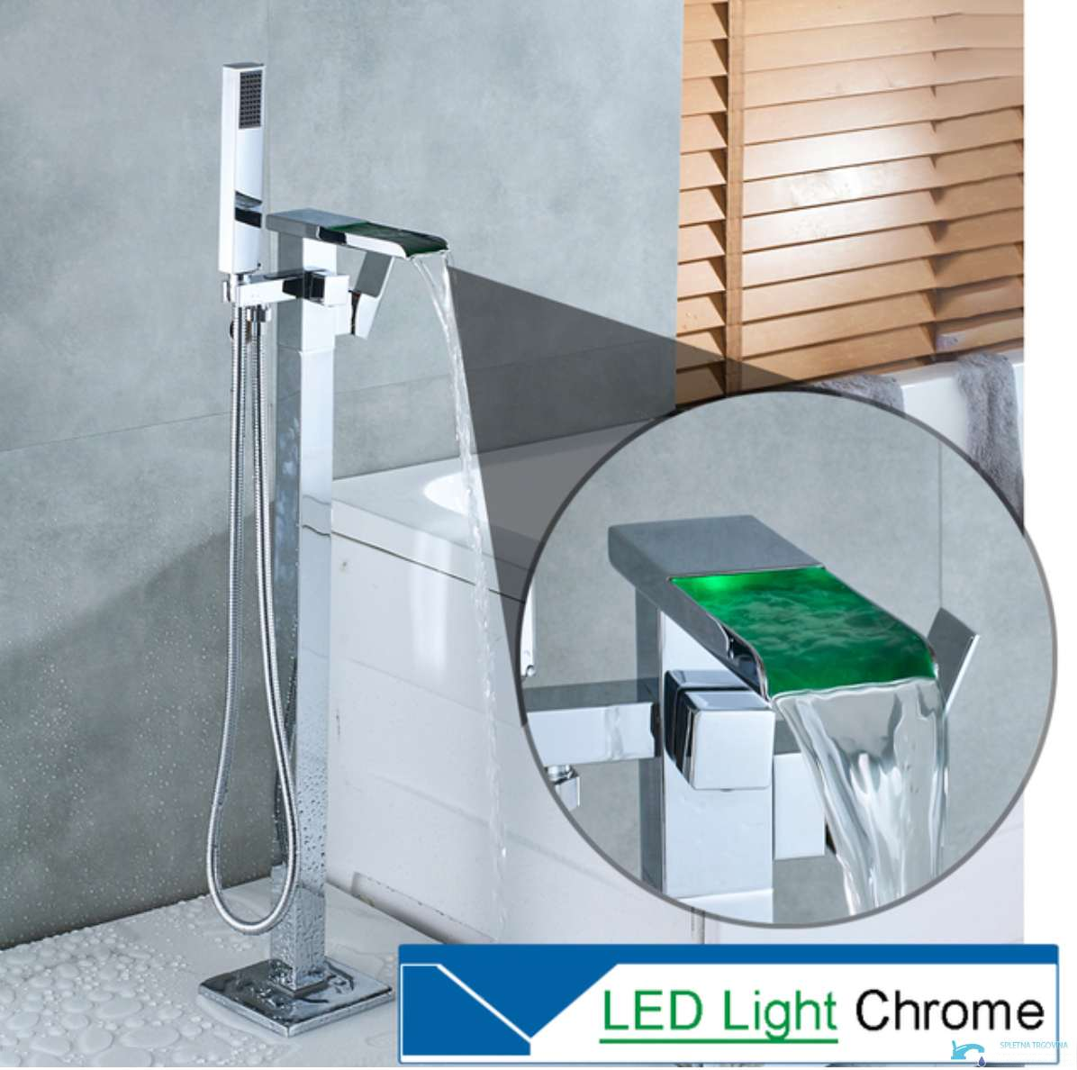Rubinetto per vasca SB1720 cromato con cascata e illuminazione LED verde